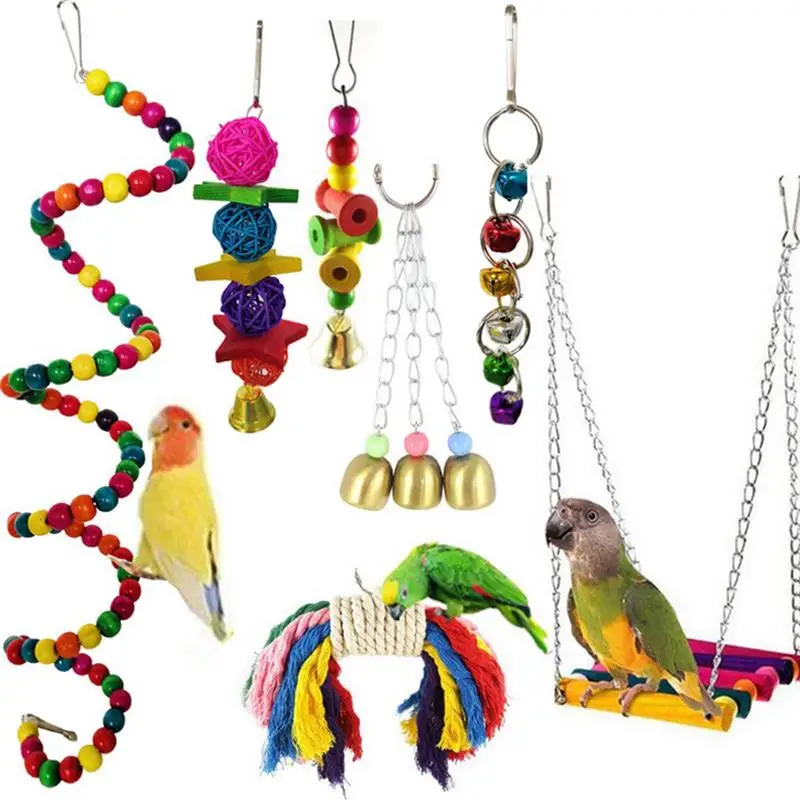 

7PCS/Set Random Color Parrot Toy Kit Swing Bells Hanging Bridge Wooden Chewing Bird Toys Standing Training Tool For Pet Toy