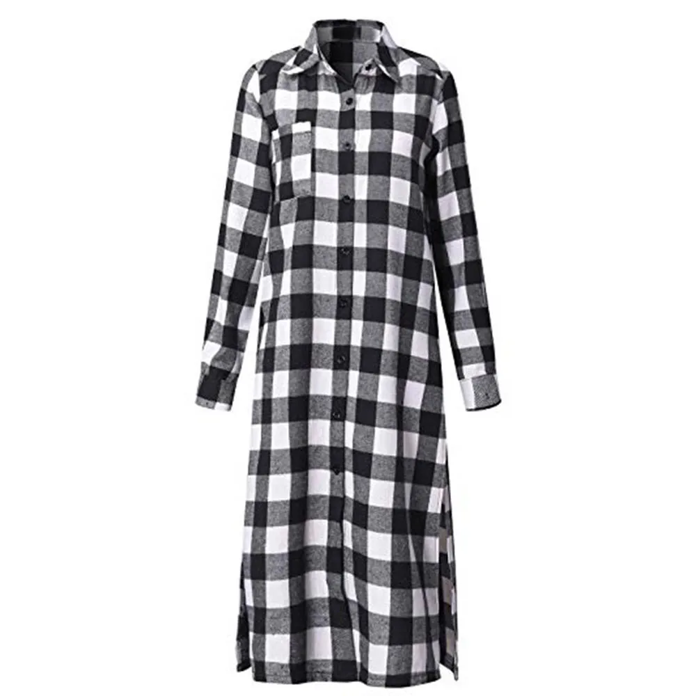 

AIBEILING New Retro long classic Plaid long sleeve split single breasted shirt for women