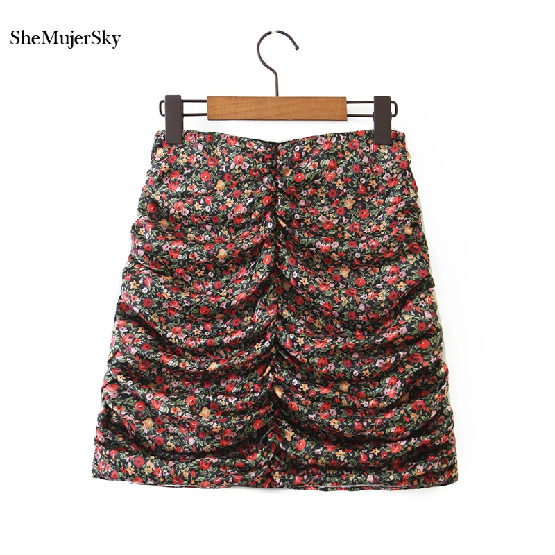 

SheMujerSky Women Ruched Slim Black Skirts Floral Print High Waist Mini Skirt 2020 Summer Ladies Skirt