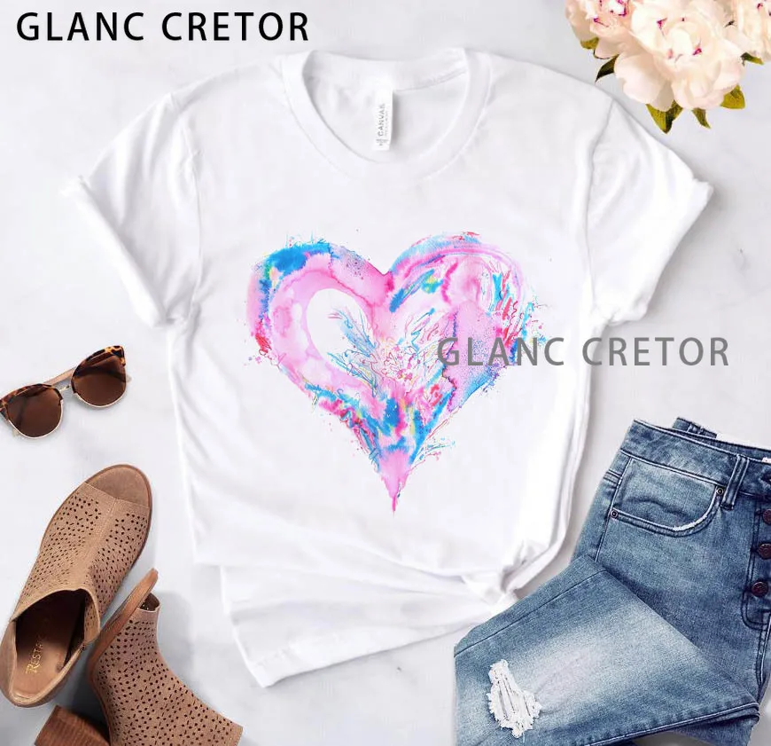 

Heart flower print casual basis white shirt short sleeve ladies T-shirt love graphic printing ladies T-shirt ladies
