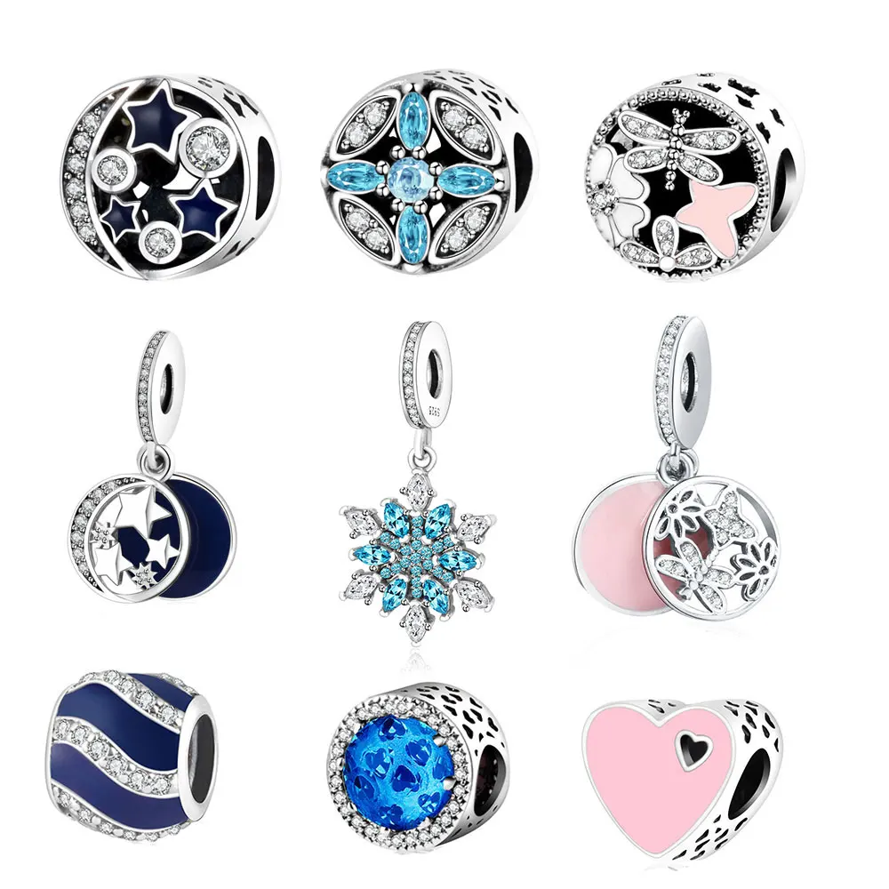 100% серебряные бусины 925 пробы звезда и луна Шарм с голубым небом подходит