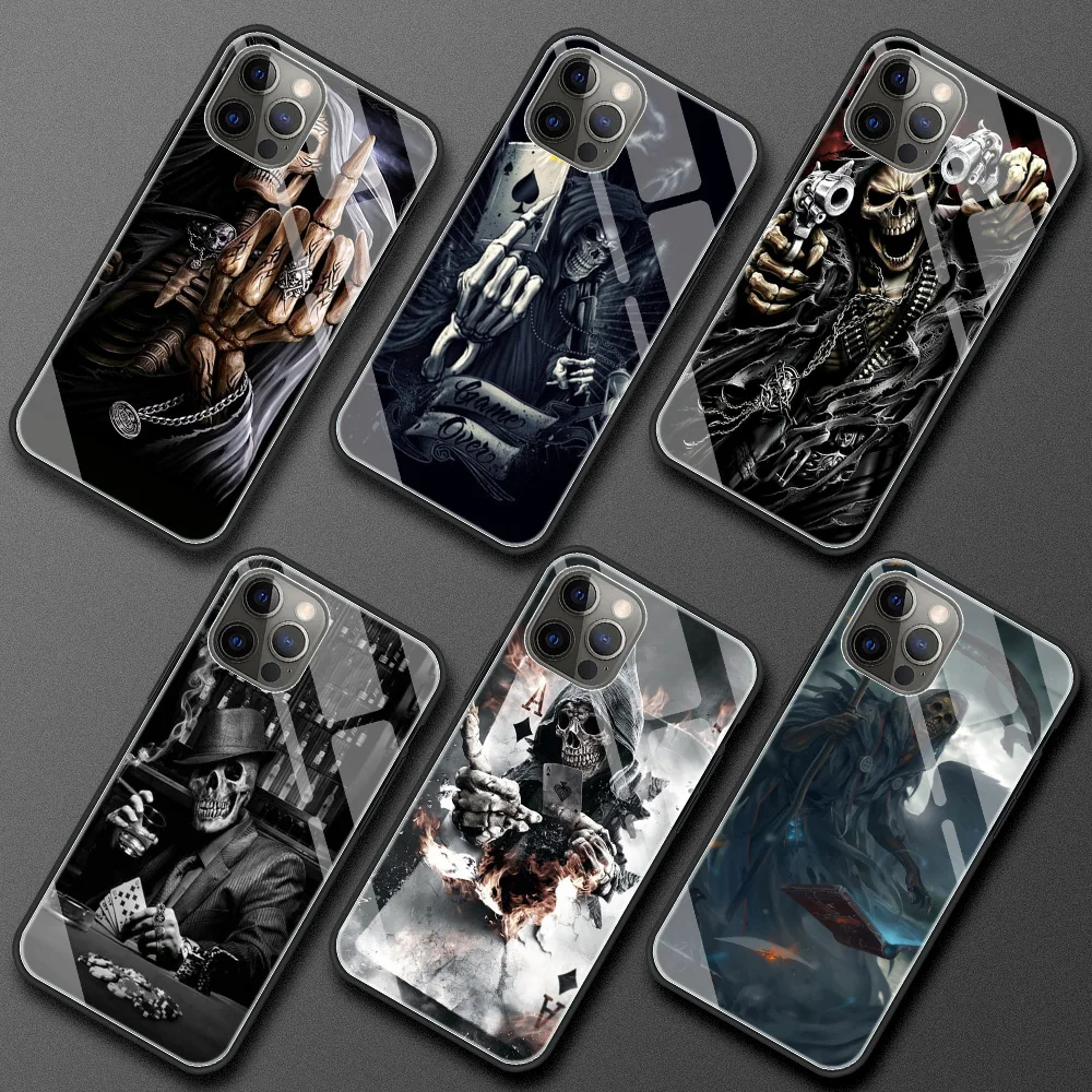 

Case For Apple iPhone 11 12 Pro Max 7 8 Plus XR SE 2020 X XS 6 6S 12mini Tempered Glass Phone Cover Grim Reaper Skull Funda Capa