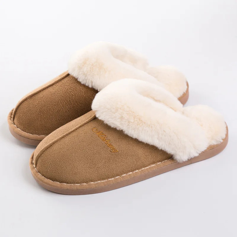 

2020 Luxury Faux Suede Home Women Full Fur Slippers Winter Warm Plush Bedroom Non-slip Couples Shoes Indoor Ladies Furry Slipper