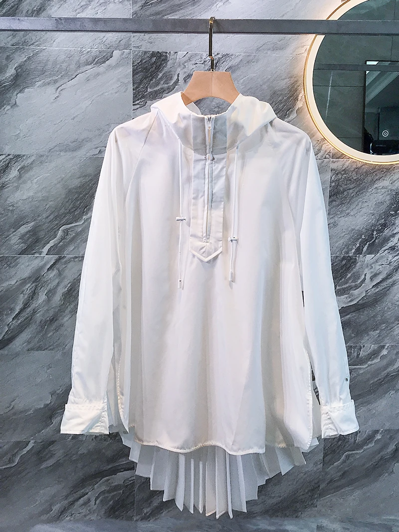 

Hooded Causal Blouse Coat Pleated Fashion Long Sleeve Women Shirt Korean 2021 Spring New Solid Blusas Feminimos