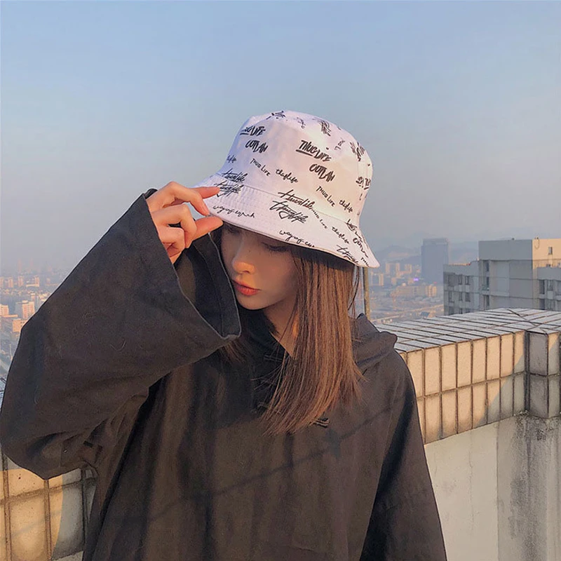 

SWAK Summer Bucket Hat Women English Letters Double Side Cotton Reversible Sun Protection Cap Men Panama Hat gorro de pescador