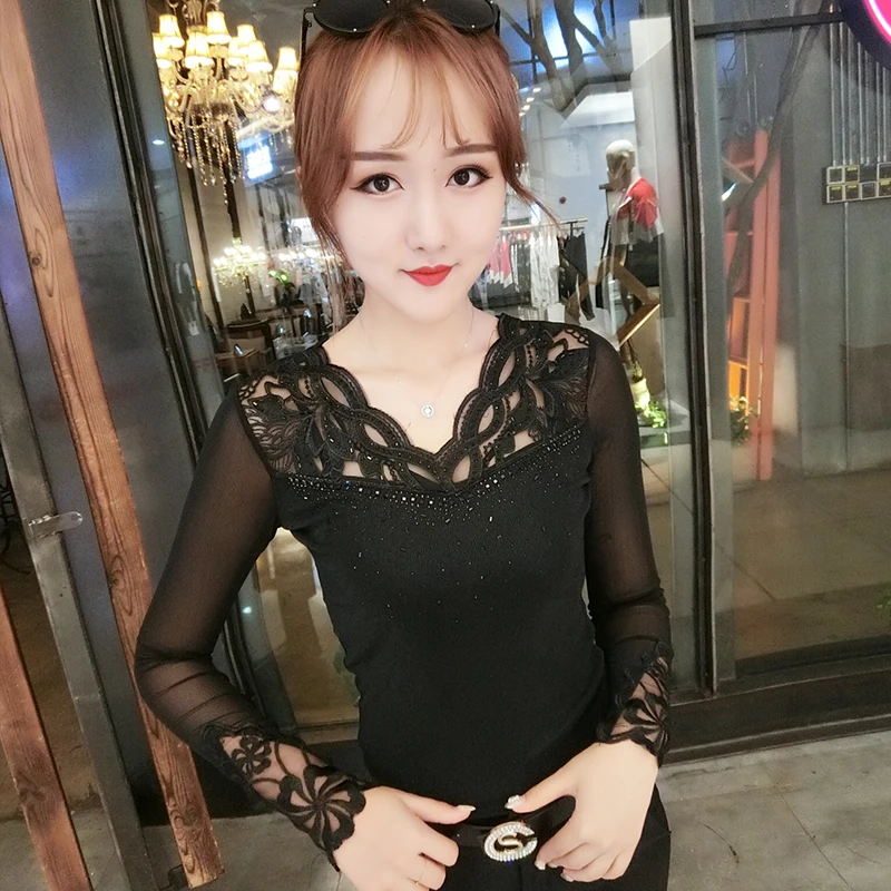 Black tshirt Модный сетчатый топ с вышивкой и бриллиантами, Осень-зима, Женский Топ с длинным рукавом, рубашка, одежда, Camiseta Mujer T98816 - Цвет: Black tshirt