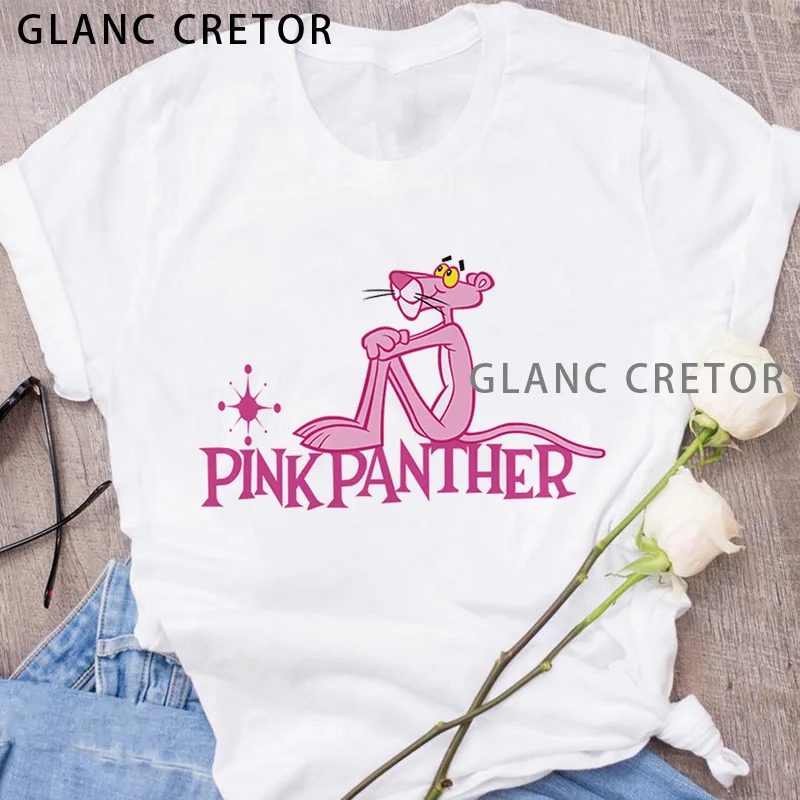 

Fashion Harajuku Casual Summer Short Sleeve Top Cartoon Cute Pink Panther Printing T Shirt Women Streetwear White T-shirt