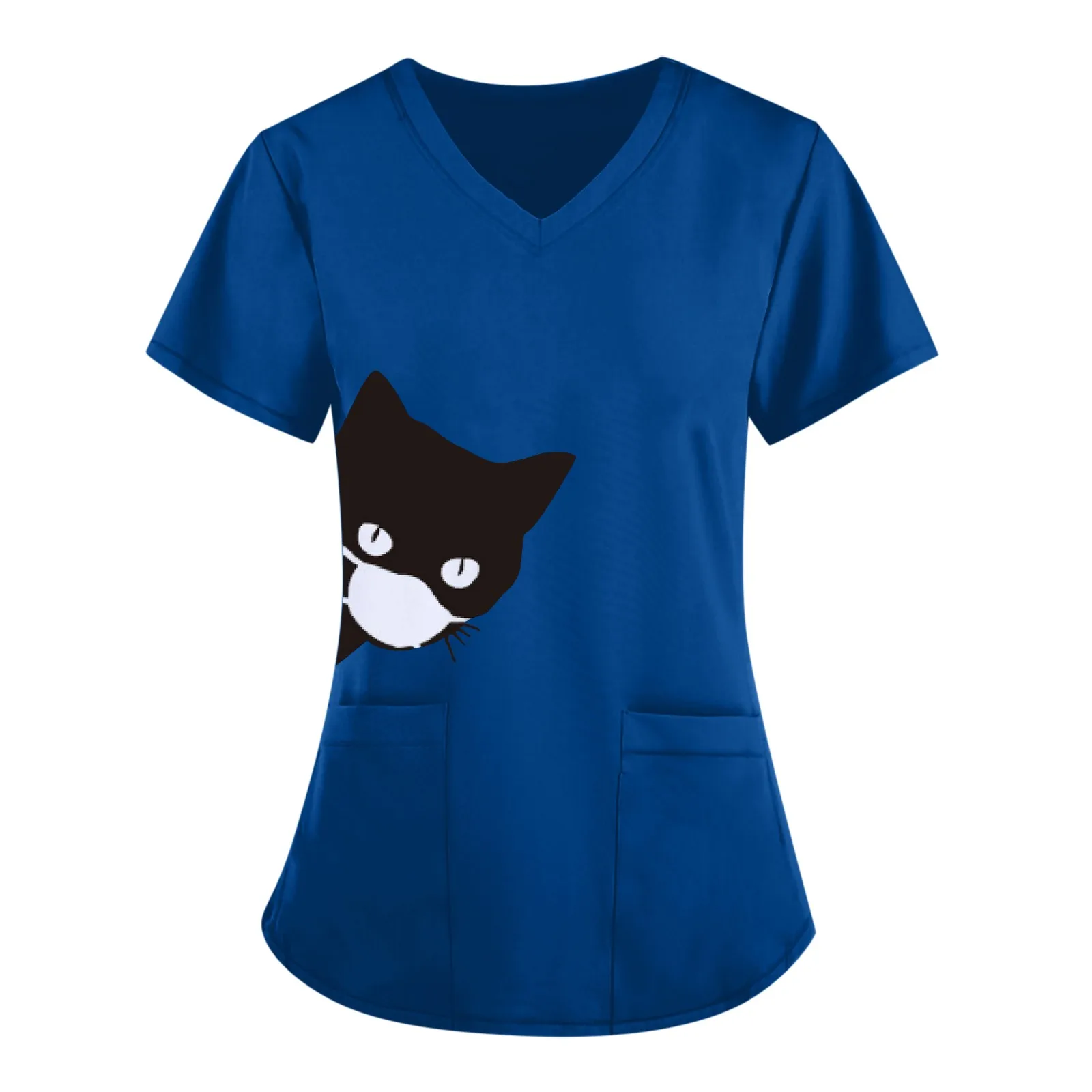 Unisex Working Uniform Black Cat Print Pocket Blouse Nurse Uniform Women Short Sleeve V-neck Scrub Tops Healthcare Carer Tunic