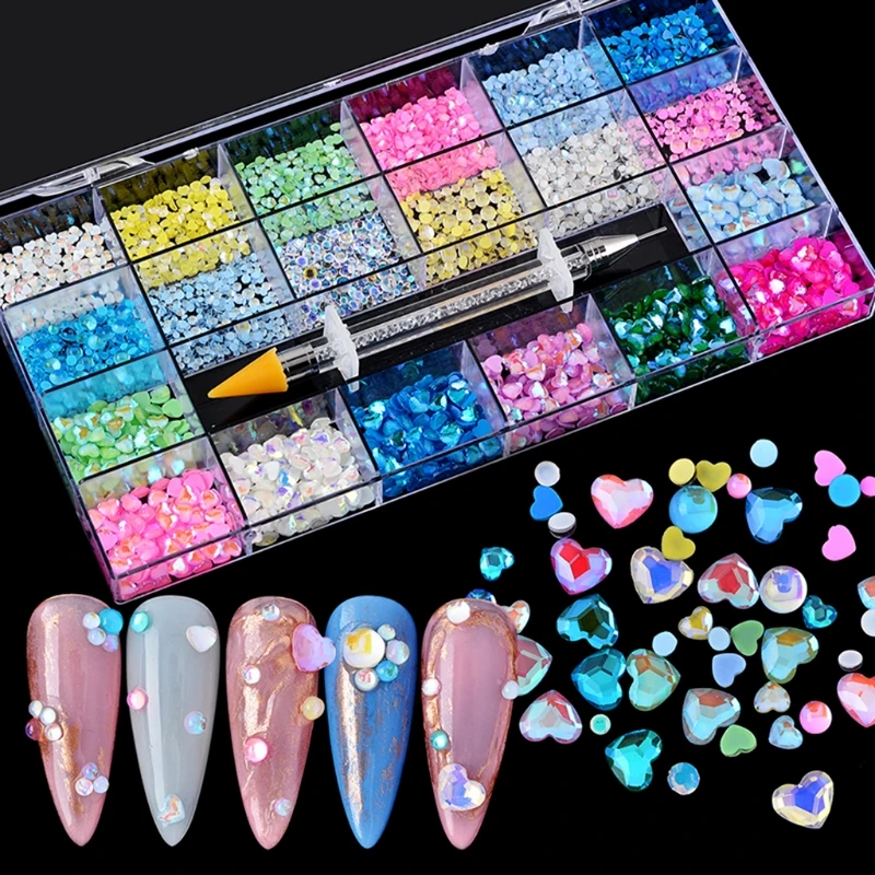

094E 21 Grids Glass Crystals Nail Art Mix Sizes Flat Back Decoration Set with Rhinestone Dotting Pen DIY Accessories