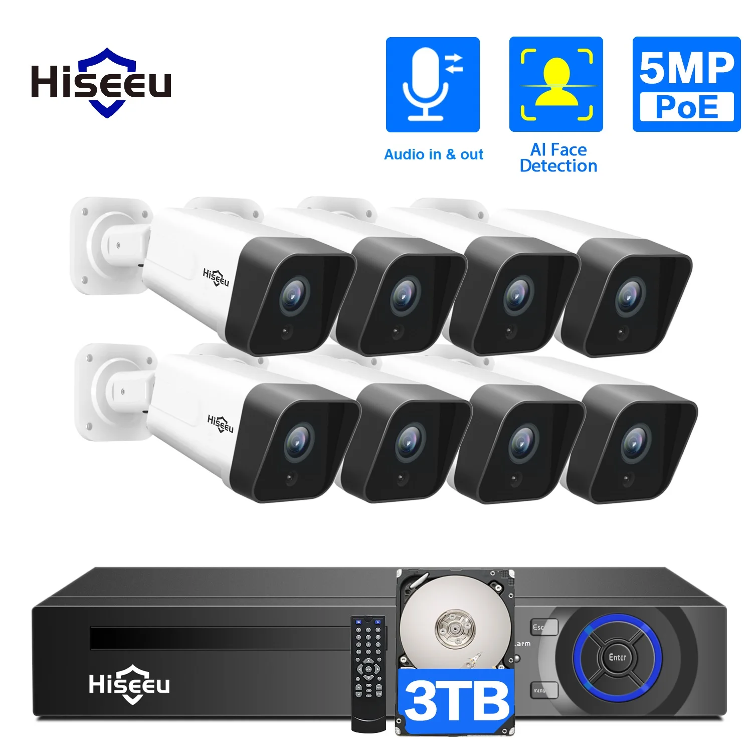 Hiseeu 8CH 5MP POE Система безопасности камера набор 2 сторонняя аудио наружная