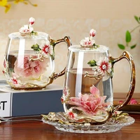 beautiful flower tea glass mug enamel coffee cup and mug for hot and cold drinks home tea cup spoon set perfect gift for mom