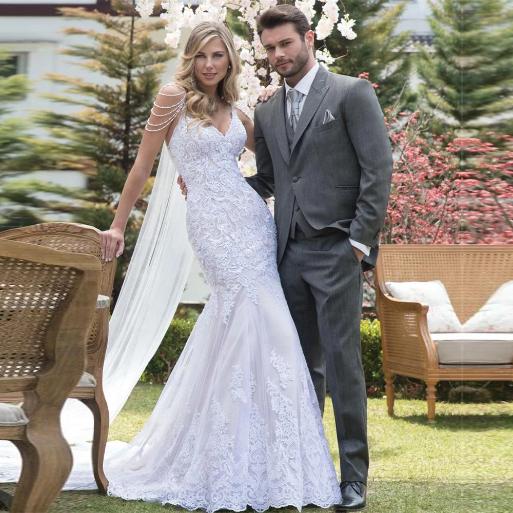 

H260 Cyrstals Beading Mermaid Wedding Dress Sexy V Neck Cheap Bridal Gowns Custom Made Spaghetti Straps Vestido De Novias 2021
