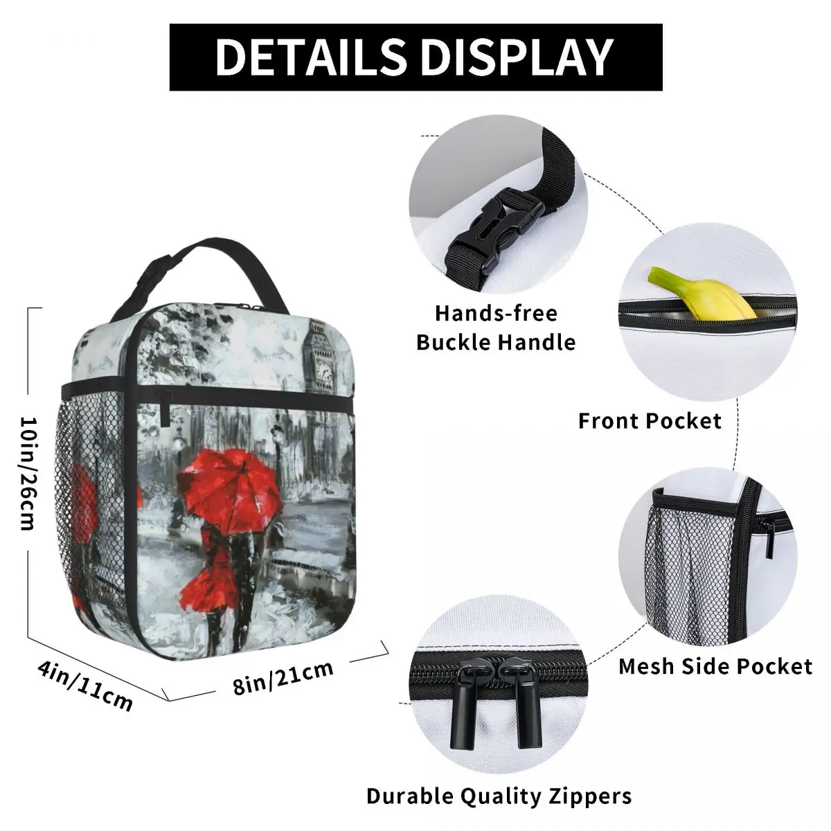 

Romantic Lovers In London Lunch Bag for Women Men Large Insulated Lunch Box with Water Bottle Holder and Pockets