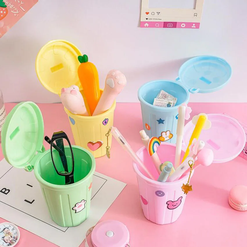 

1PC Office Desk Storage Box Pen Holder With Lid Creative Cosmetic Pen Container Organizer Bucket Student Stationery Pen Holders
