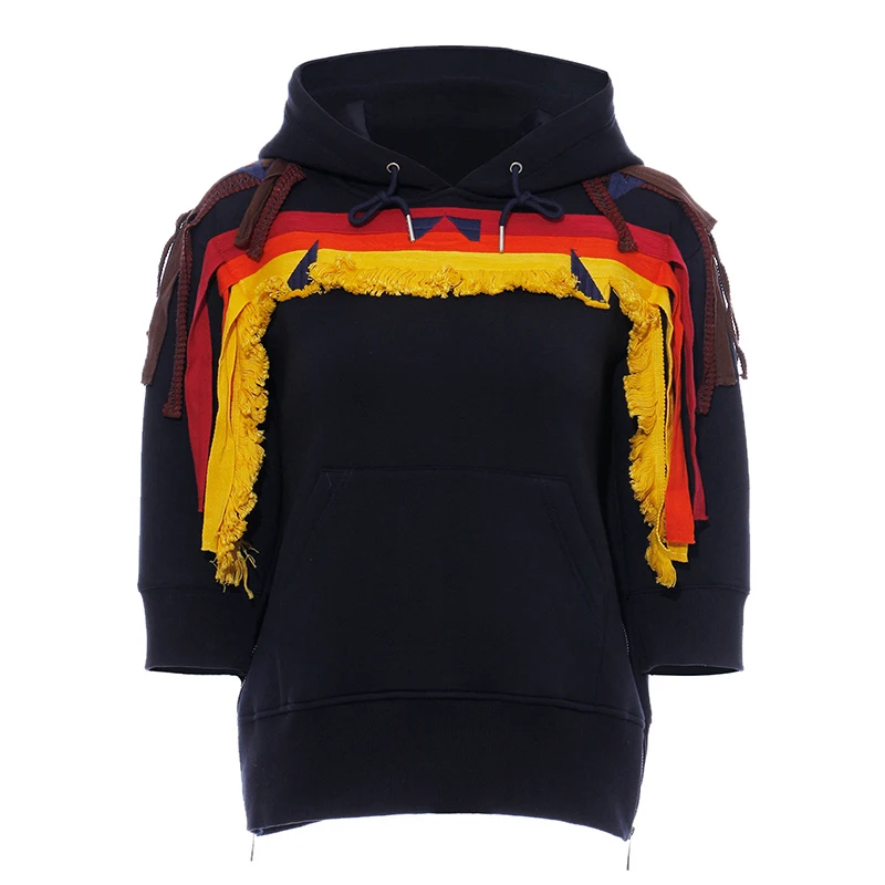 

TWOTWINSTYLE Geometric Embroidery Hooded Sweatshirt Women Long Sleeve Side Zipper Tassel Hoodies Tops Female 2020 Autumn Winter