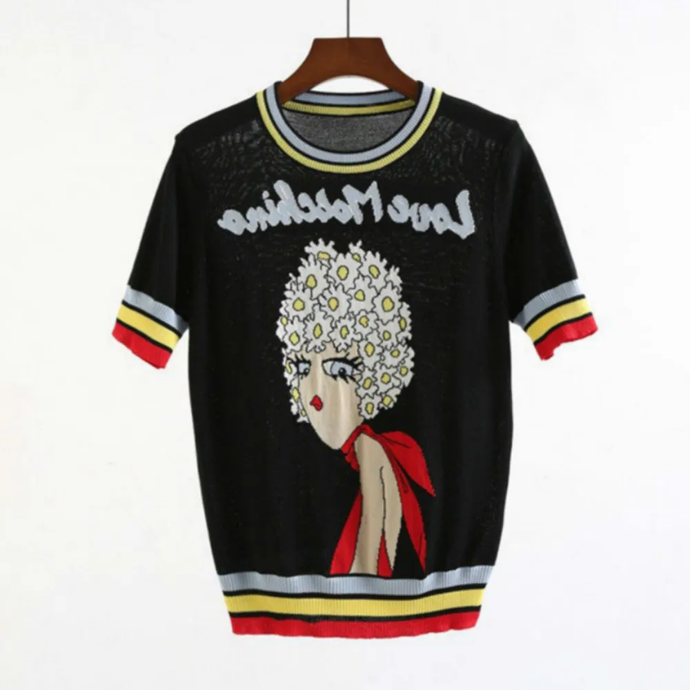 

Женские Жаккардовые Топы SHZQ, пуловер с коротким рукавом и надписью для милой девушки, летний женский вязаный свитер в полоску с круглым выре...