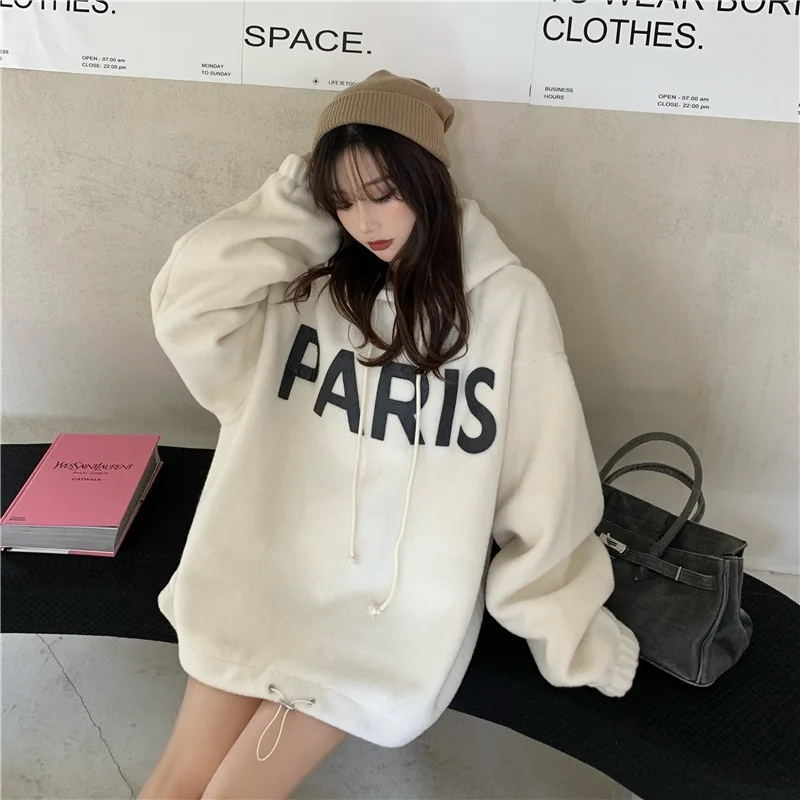 

Fall / Winter New Loose and Thickened Double Face Composite Fleece Hooded Sweater with Drawstring Long Sleeve Jacket for Women