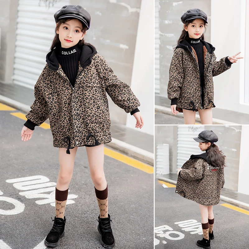 Леопардовый бархатный джинсовый Тренч для девочек зимняя джинсовая одежда