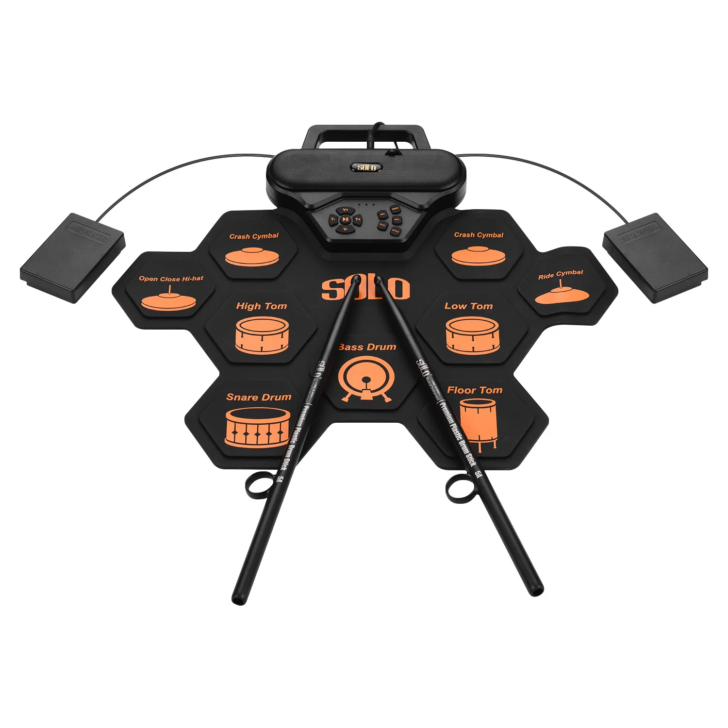 

SD-50 Portable Electronic Drum Pad Digital Silicone Roll-Up Drum Practice Kit with 9 Labeled Pads 2 Foot Pedals Built-in Speaker