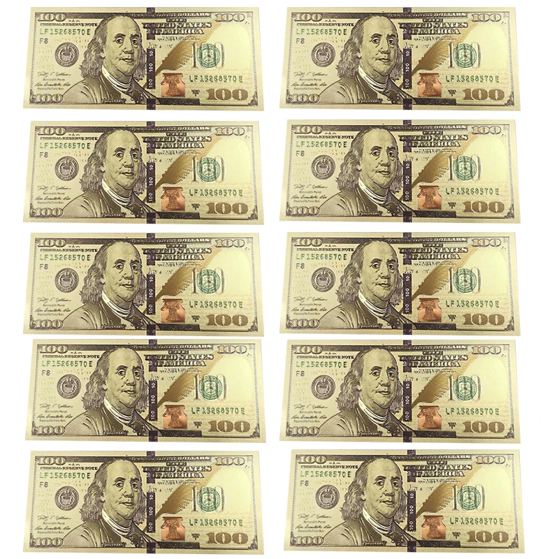 10pcs USA 100 Dollar Gold Foiled Platsic Banknote Bill Fake Money United States OF America Replica Coin Souvenirs Home Decor