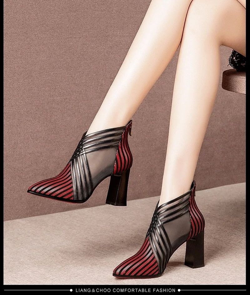 

Summer Fashion Solid Mesh High Heels Pointed Toe Cross Lines Decoration Ankle Lady Boots Grace Women Ventilate Boots Red/black
