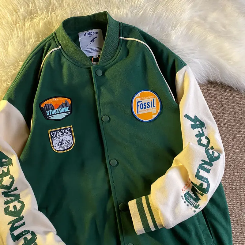 

Women Baseball Jacket 2021 Autumn Winter Vintage Patchwork Letter Print Pocket Casual Oversized Loose Bomber Coat Top Streewear