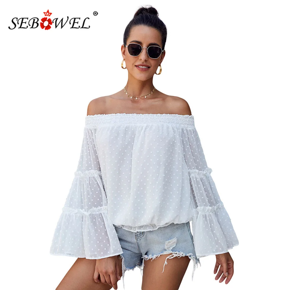 Женская блузка с длинным рукавом открытыми плечами и оборками|Блузки| |