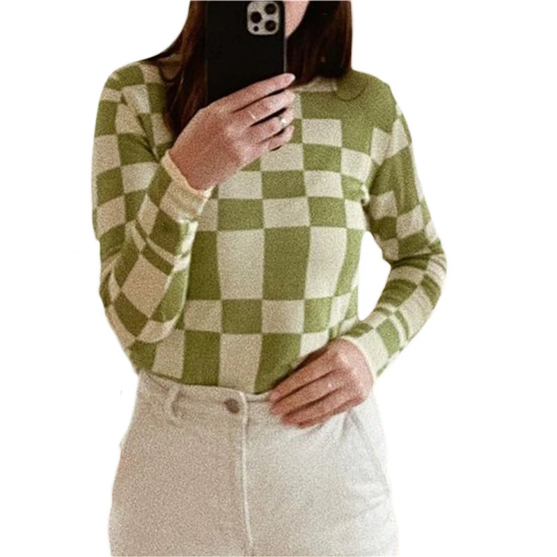 

2021Y2k Casual Long Sleeve Checkerboard Print Loose Fit Knit Tops Knitted Tops Women Pullovers Sweaters 90s Crew Neck Tops
