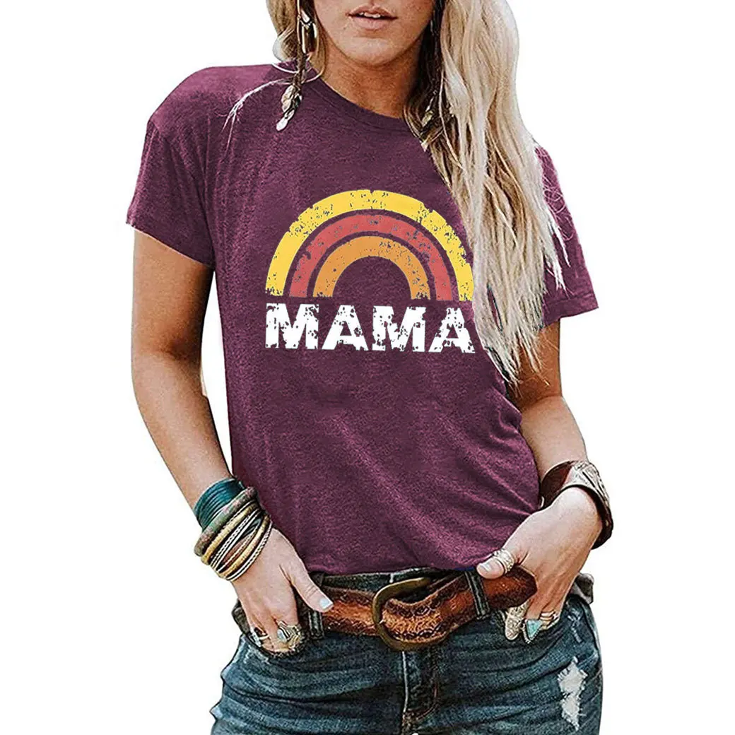 

MAMA Rainbow Pattern T Shirt Harajuku Clothing Women Aesthetic Women Sexy Tops Summer Casual Letter Tee XL