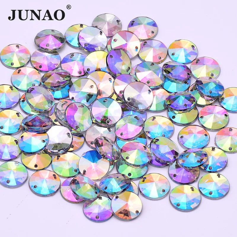 

JUNAO 500pcs 10mm Sew On Clear AB Rivoli Rhinestone Flat Back Acrylic Strass Crystal Applique Sewing Stone for Clothes