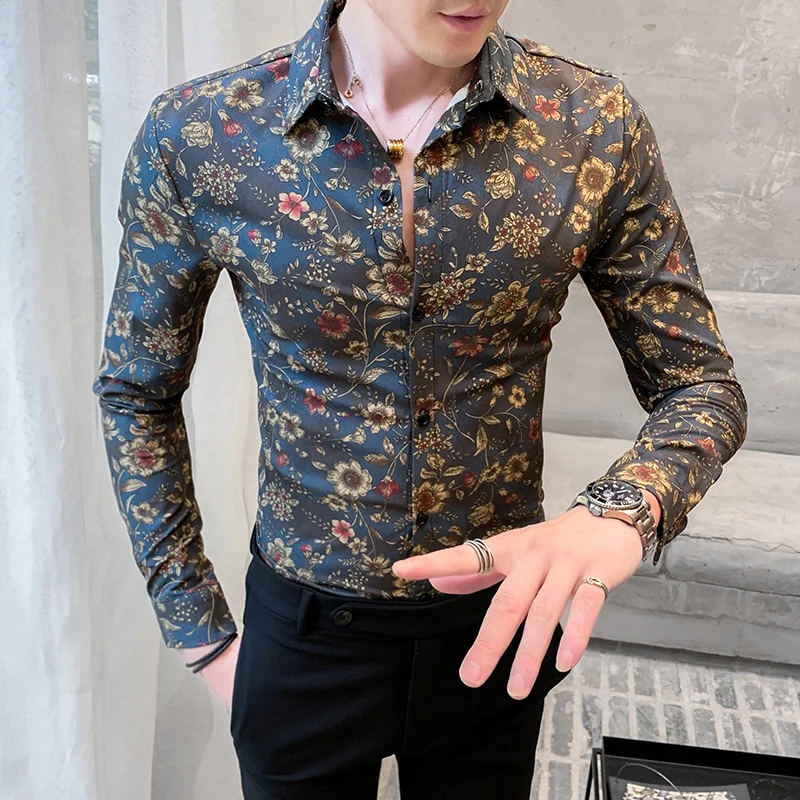

New social spirit boy slim long sleeve shirt men's floral lining