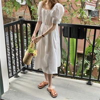 accept waist show thin square collar hubble bubble sleeve dress in the elastic temperament pure color dress 1481