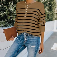 long sleeve fashion stripes sweaters casual pullovers 2021 autumn loose knitted sweater ladies patchwork buttons top streetwear