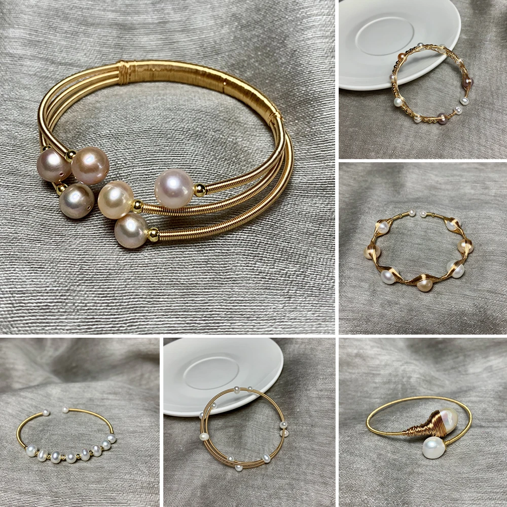 

Temperament Women Gold Color Natural Freshwater Pearls Bangle Cuff Open Adjustable Bangle Luxury Fine Jewelry Gift Accessories