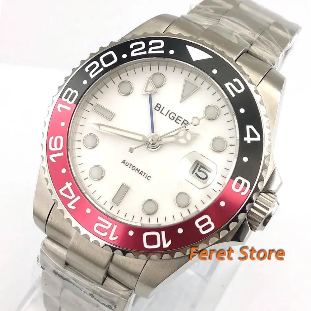 

Bliger 43mm White dial blue GMT hands Black and Red Ceramic Bezel sapphire glass Automatic movement Men's watch