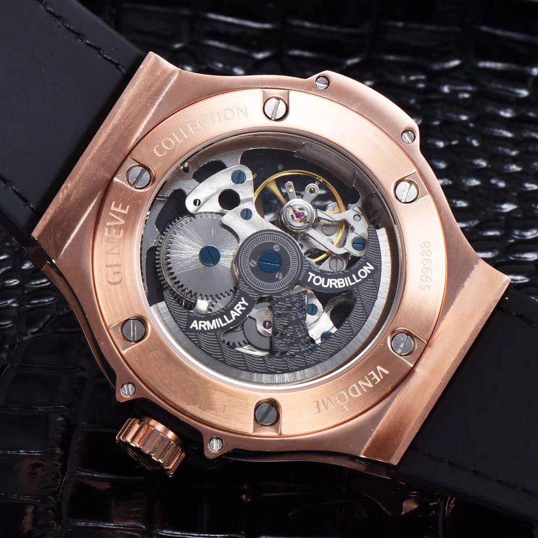 

Classic New Men Rose Gold Black Leather Automatic Mechanical Sapphire Glass Tourbillion Watch Transparent Grey Titanium AAA