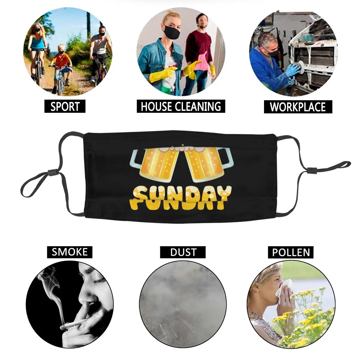 

Sunday Is Funday Beer Drinking Vintage Reusable Face Mask Anti Haze Dust Reusable
