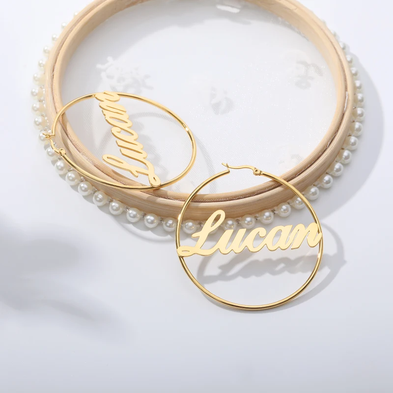 Personalized Name Stainless Steel Letter Stud Earrings For Women Fashion Custom Name Piercing Earrings Nameplate Open Round