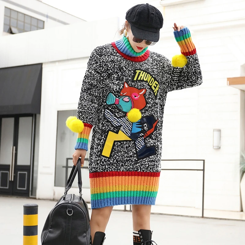 Осенне-зимний свитер с высоким воротником Женский Длинный рисунком радуги и