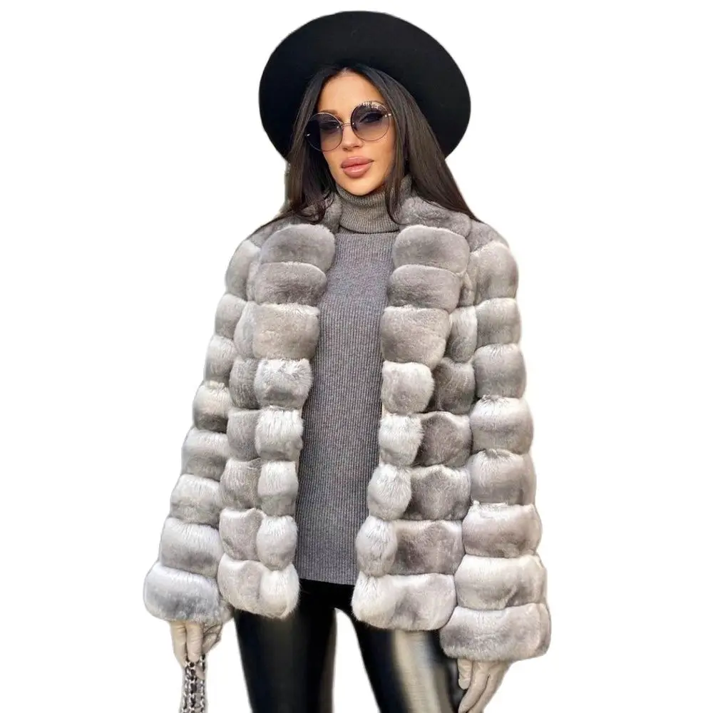 Women Natural Rex Rabbit Fur Coat Whole Skin Genuine Rex Rabbit Fur Jacket with Big Turn-down Collar Warm Fur Overcoats Luxury