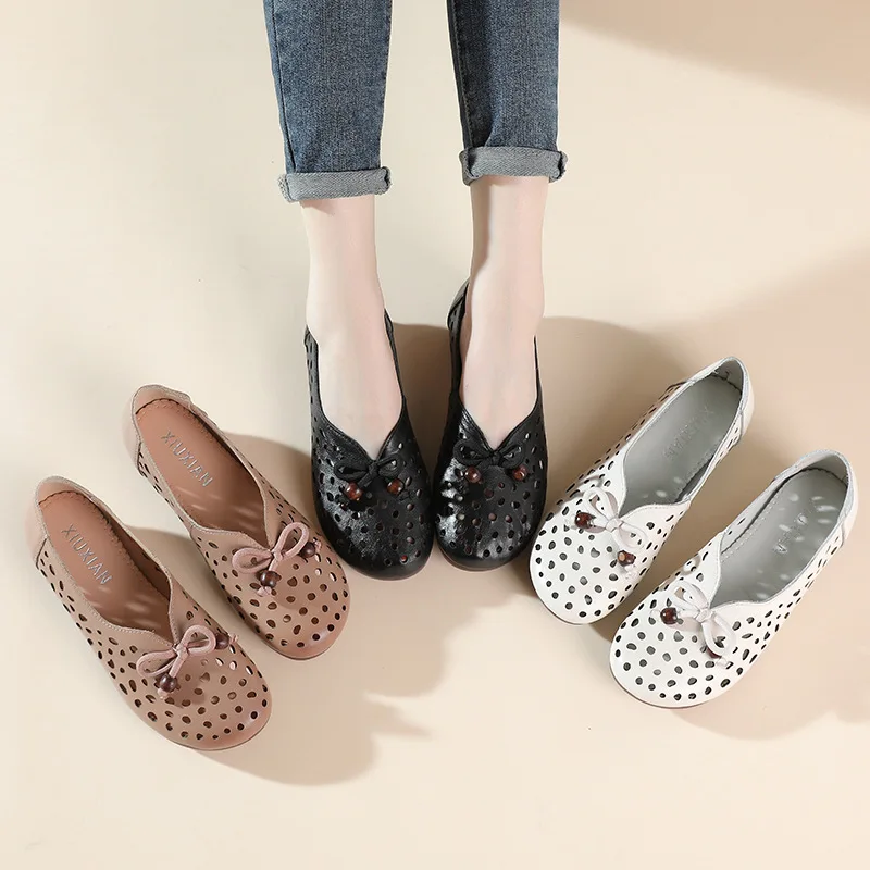 2022 High Quality Soft Genuine Leather Hollow Hole Hole Shoes Woman Casual Sandals Slippers Soft Sole Flat Sandals Trendy Shoes