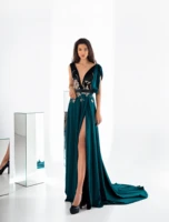 Dark Green Evening Dresses Deep V Neck Beads High Side Split Women Receiption Gowns Custom Made Sexy Prom Dress