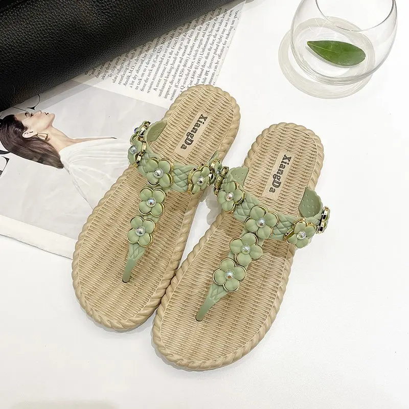 

Rubber Flip Flops Slippers Women Summer Beach Shoes Slides Fashion Flower Low Hawaiian Sabot Luxury Massage Flat PVC Floral Fabr