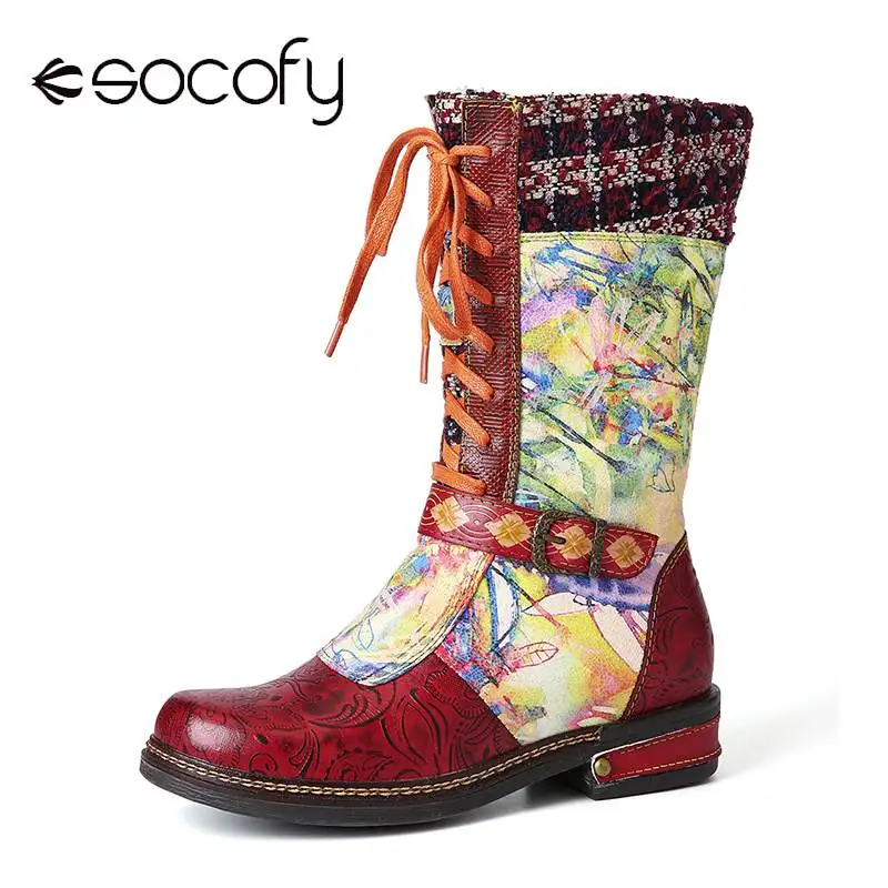 SOCOFY/ботинки из тисненой натуральной кожи; Botas mujer; сезон весна; ботинки до середины икры на плоской подошве со шнуровкой на молнии; женская зимняя обувь