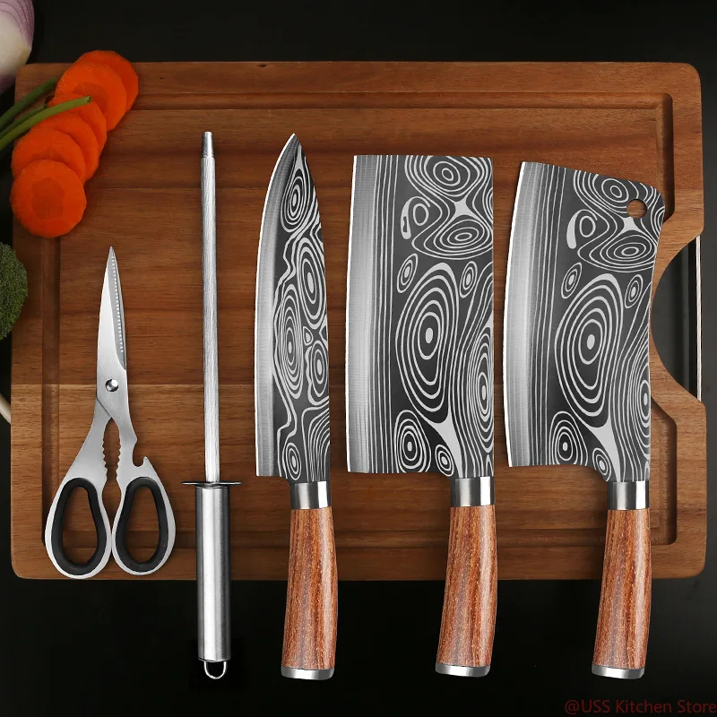 Juego de cuchillos de cocina-cuchillo de cocina de acero inoxidable, diseño realizado con láser, Damasco, corte de hueso, cuchillo de carnicero, afilador, tijeras, cuchillos de Chef