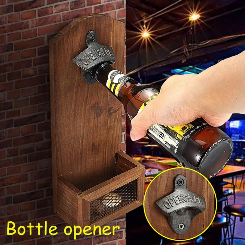 

Bar Beer Wooden Bottle Opener Drink Cap Catcher Wooden Iron Wall Mounted