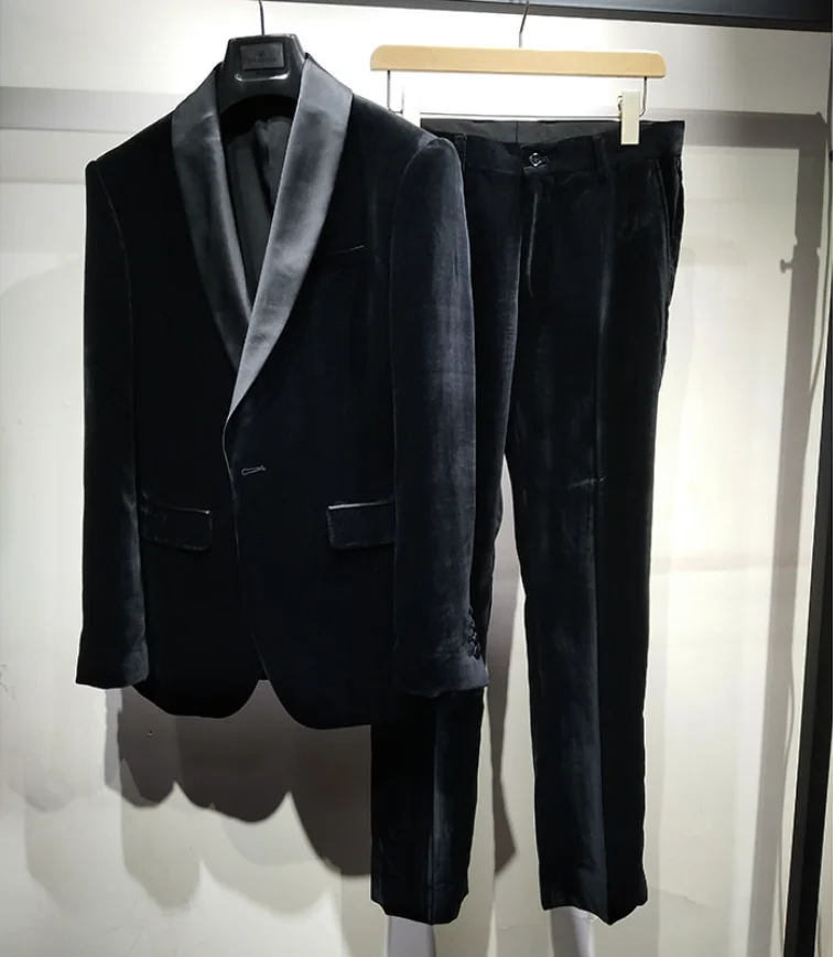 Women's Velvet 2-Piece Suit Shawl Collar Business Work Wear Casual Slim Fit suit Blazer + Trousers