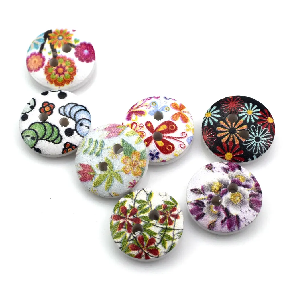 100 шт 15 мм цветочный узор круглая деревянная кнопка разные деревянные пуговицы 2