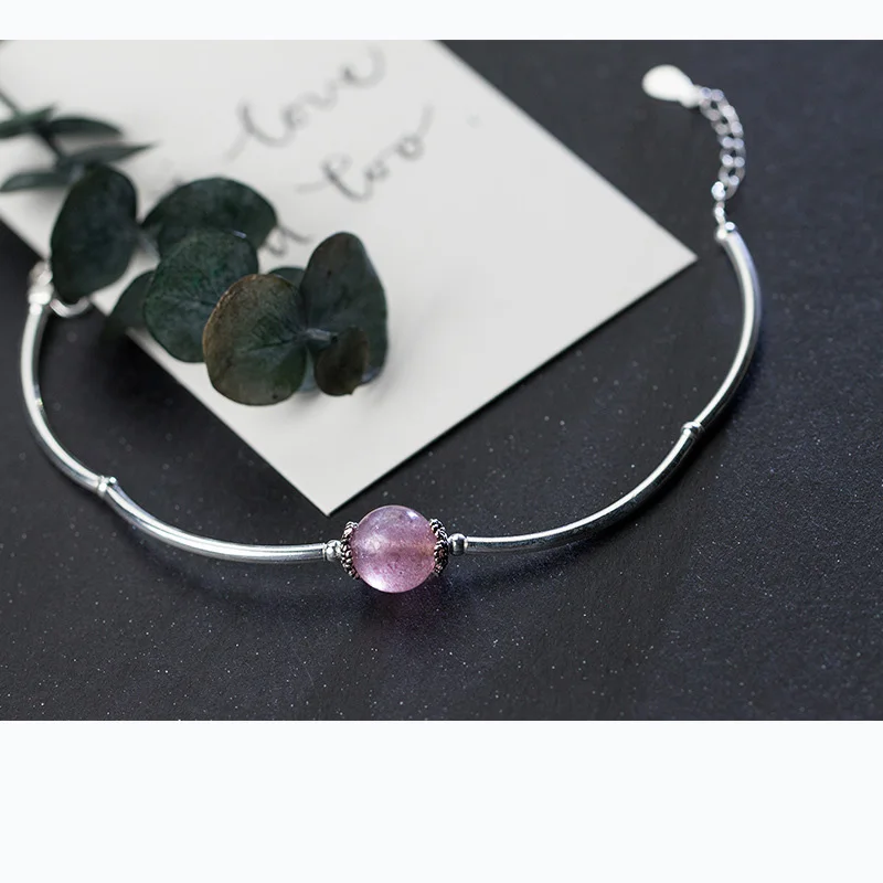 Женский браслет из серебра 100% пробы с кристаллом в виде натуральной розовой