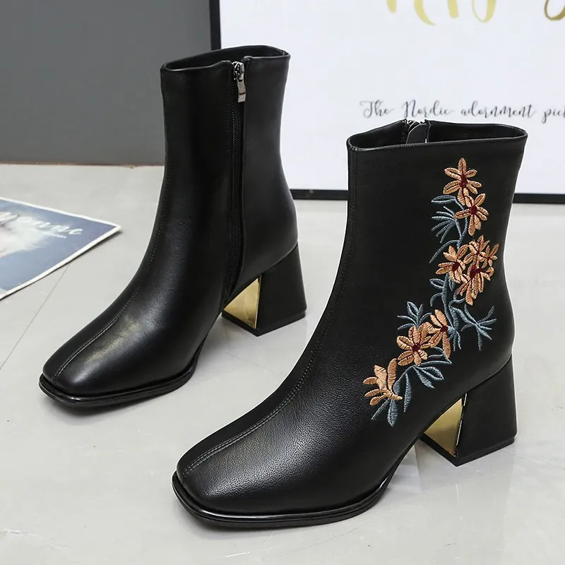 

Floral Embroidered Women Short Ankle Boots Ladies Casual Block Heel Pumps Shoes Female Ytmtloy Square Toe Zipper Botines De Muje